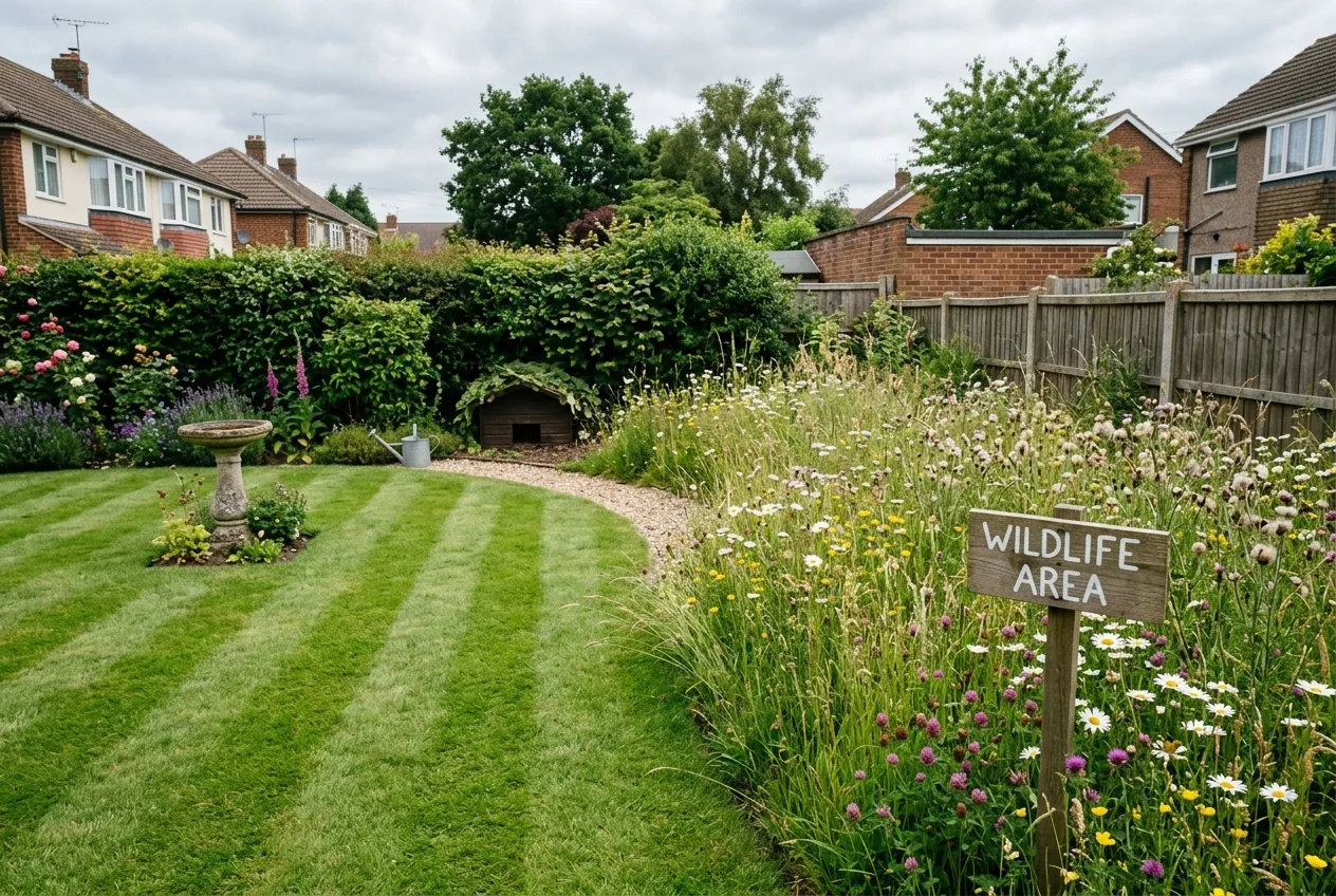 No mow May UK garden showing transition from mown lawn to wildflower wildlife area with hedgehog house