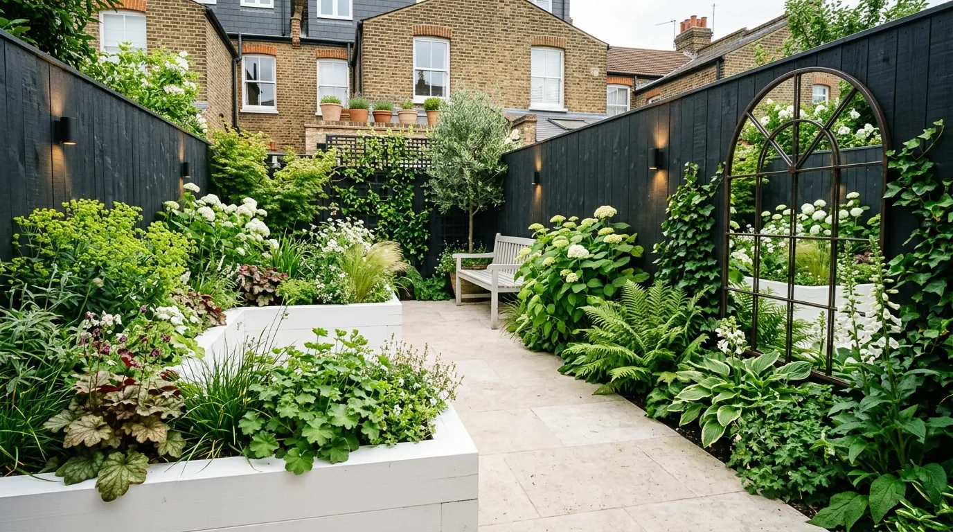 North-facing garden ideas with light-coloured paving and mirrors to brighten a shaded urban garden