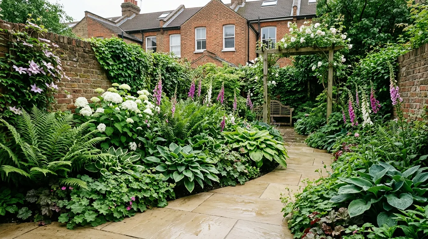 North-facing garden ideas showing a lush shady UK garden with ferns, hostas and hydrangeas under dappled light