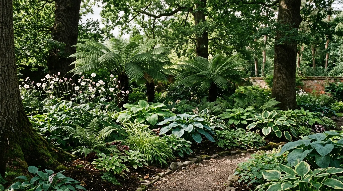 North-facing garden ideas showing a beautifully designed shady UK garden with ferns, hostas and hydrangeas