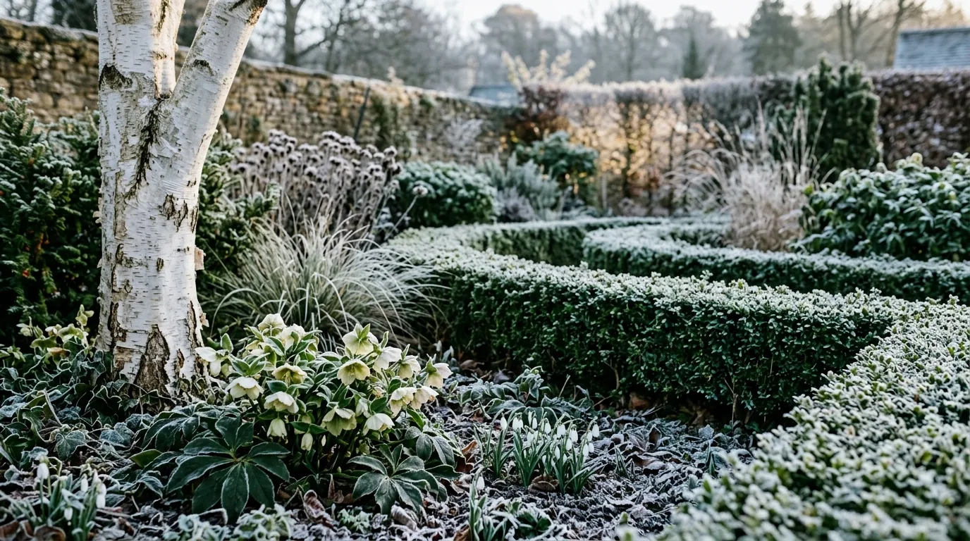 North-facing garden ideas showing a north-facing border in winter with evergreen structure and hellebores