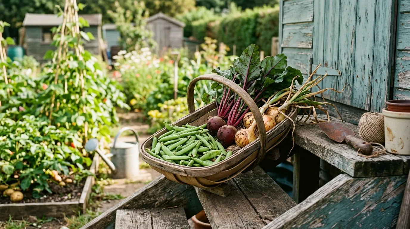 Editorial photograph of a vintage 1940s wooden gardening trug filled with freshly harvested heritage vegetables including Telephone peas Bulls Blood beetroot and Bedfordshire Champion onions, on weathered wooden allotment shed steps
