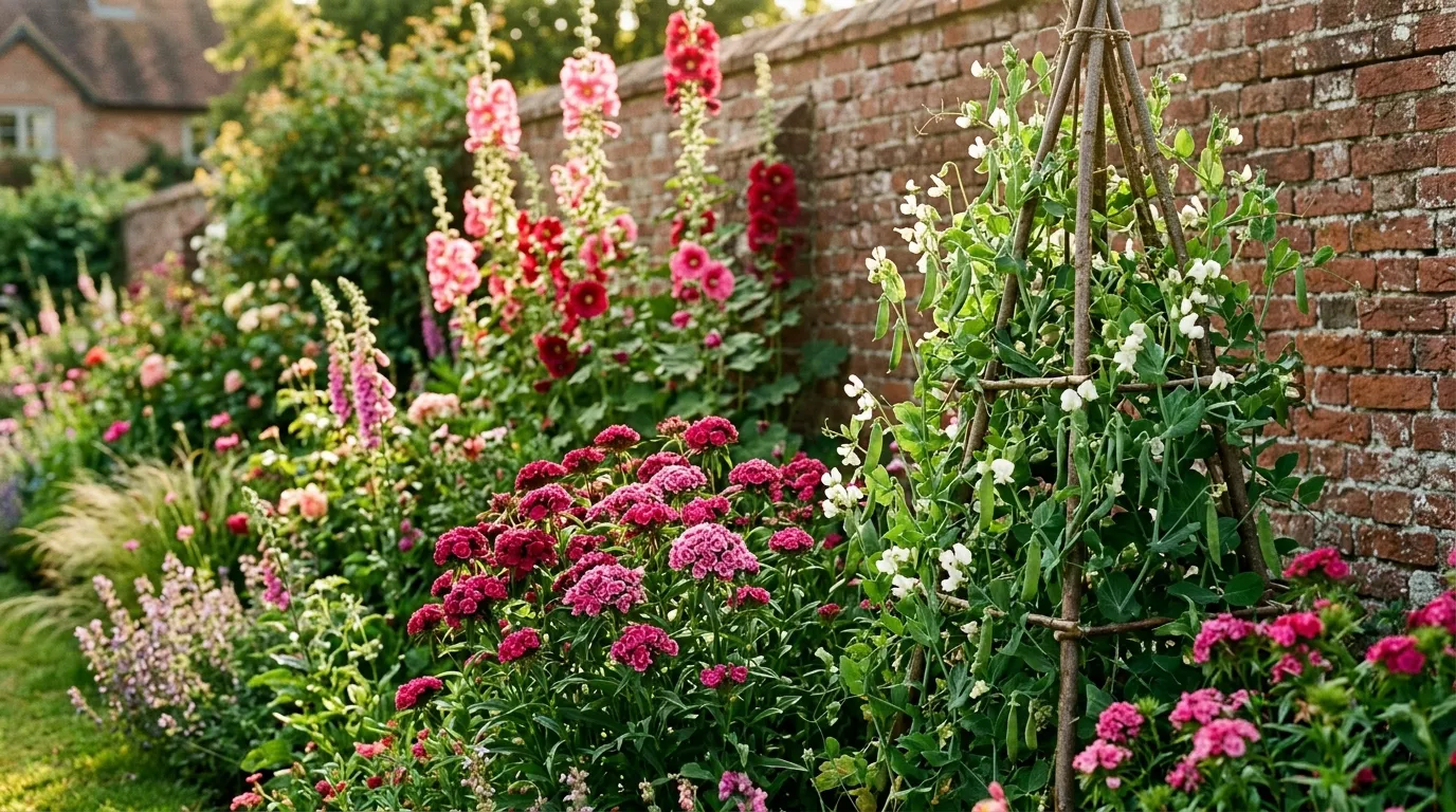 A 2026 UK cottage garden border in full bloom with sweet williams, hollyhocks and Telephone peas climbing a hazel wigwam