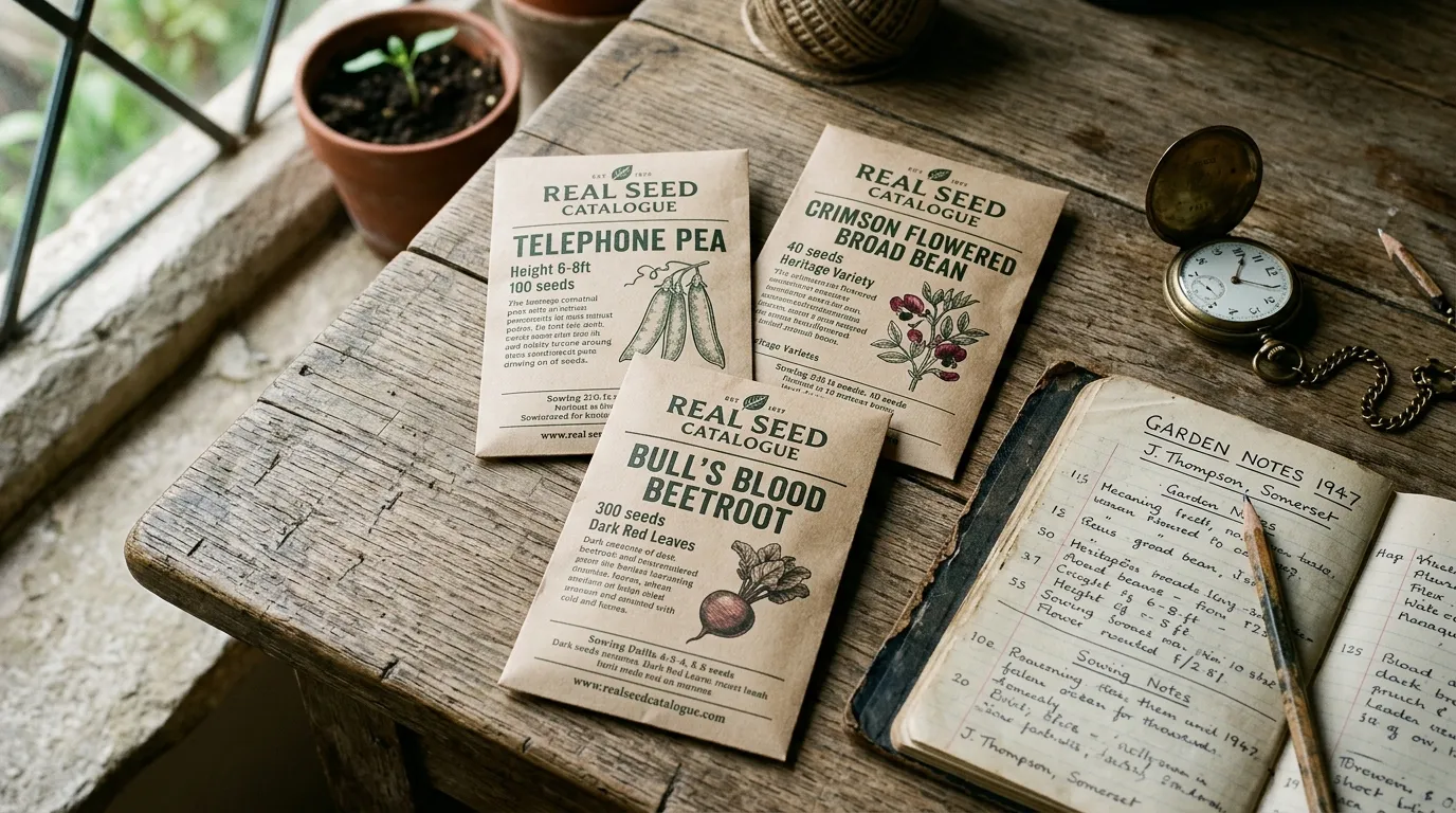Editorial photograph of a Real Seed Catalogue order with seed packets of Telephone pea, Crimson Flowered broad bean and Bull's Blood beetroot arranged on a vintage wooden tabletop next to a brass pocket watch and a 1940s gardening notebook