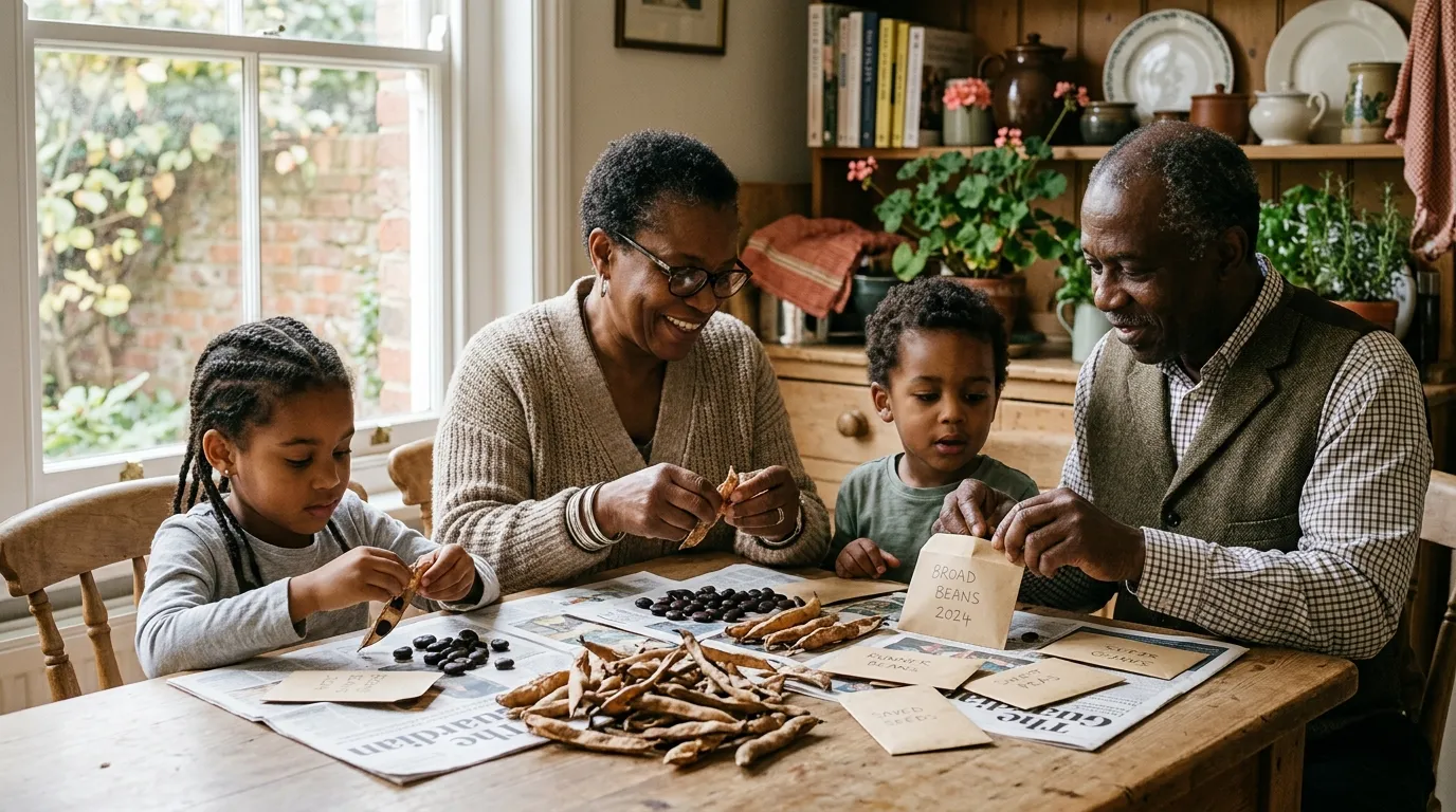 Editorial photograph of a Black British multi-generational family saving broad bean seed at a wooden kitchen table covered in newspaper, with handwritten paper envelopes labelled in pencil