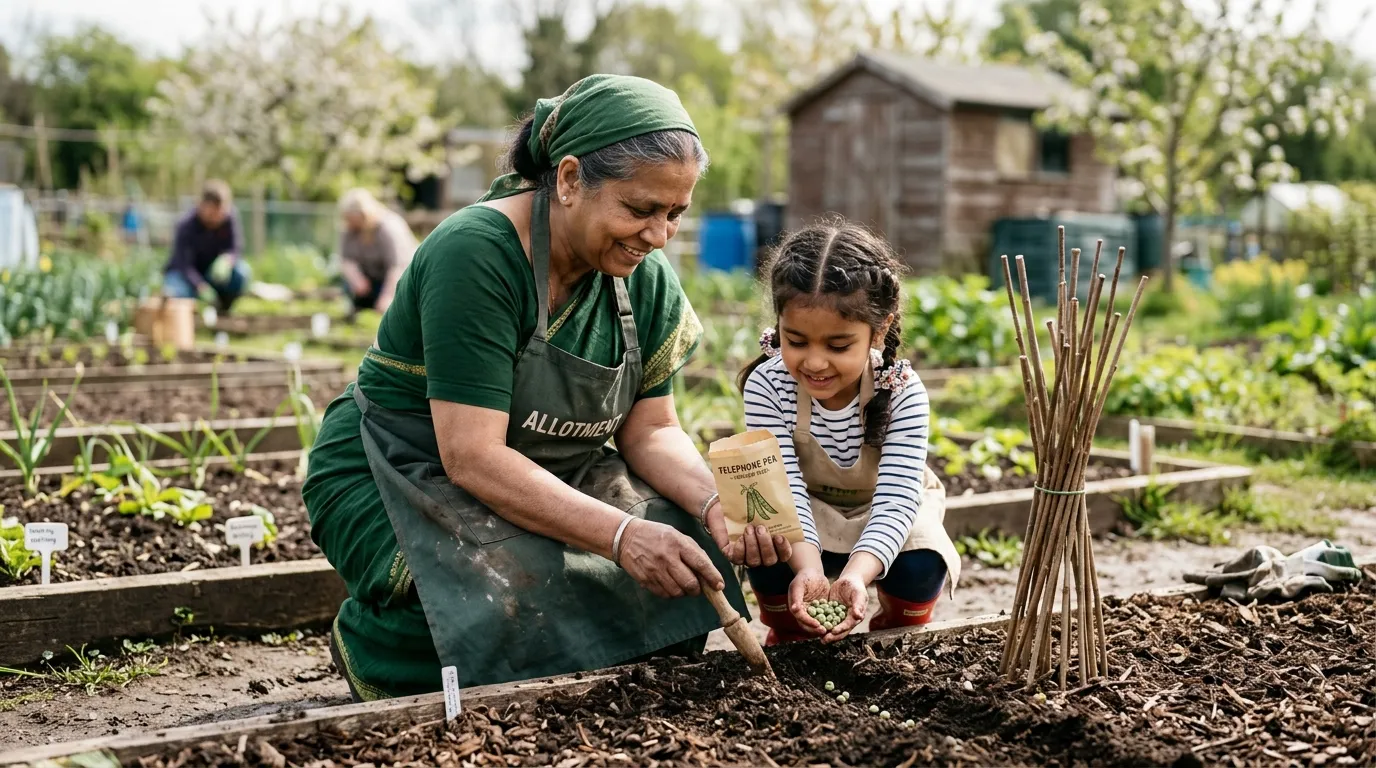 Editorial photograph of a Bangladeshi British grandmother and her granddaughter sowing Telephone pea seed into a heritage-only allotment bed in spring