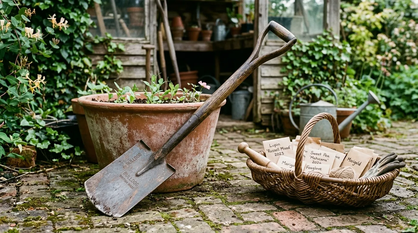 Editorial photograph of a 1940s Bulldog spade and a terracotta long tom pot beside a willow trug of saved seed packets on a brick path