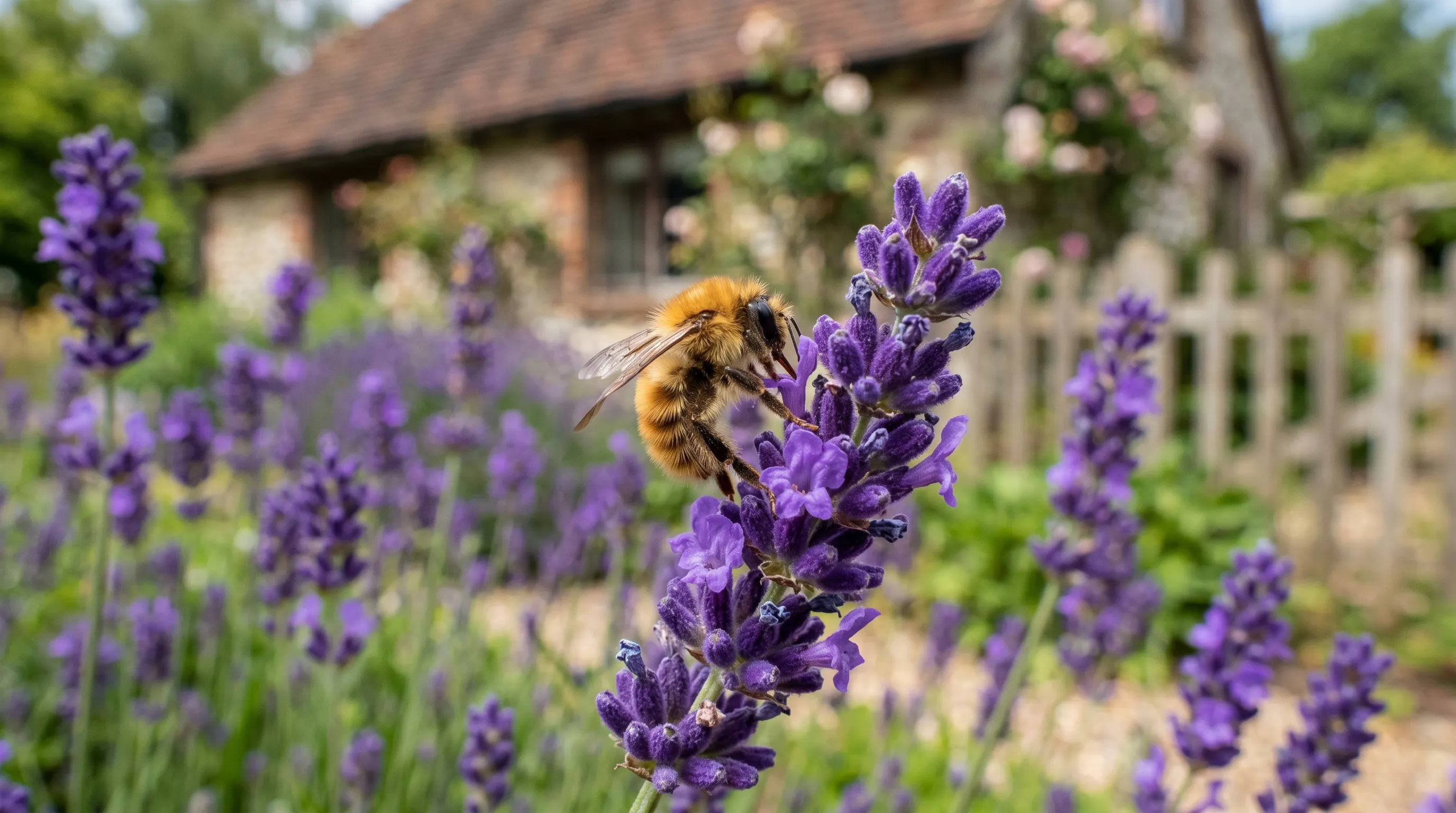 A common carder bumblebee on a deep-purple lavender flower spike in a Sussex cottage garden
