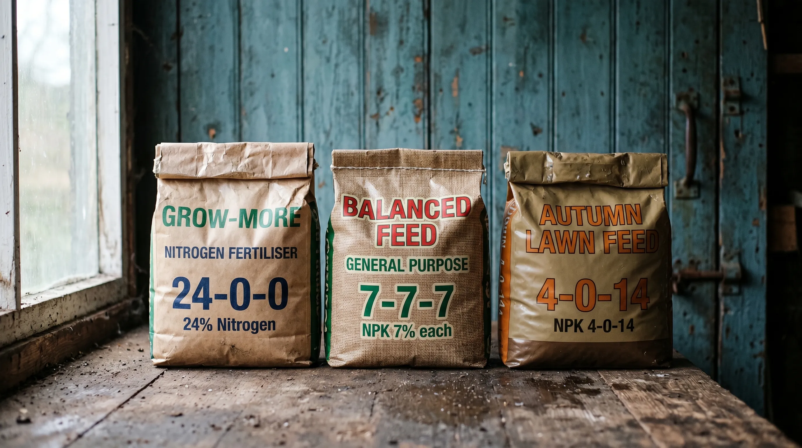 Close-up of three UK fertiliser bags lined up showing NPK ratios 24-0-0, 7-7-7 and 4-0-14 in a garden shed
