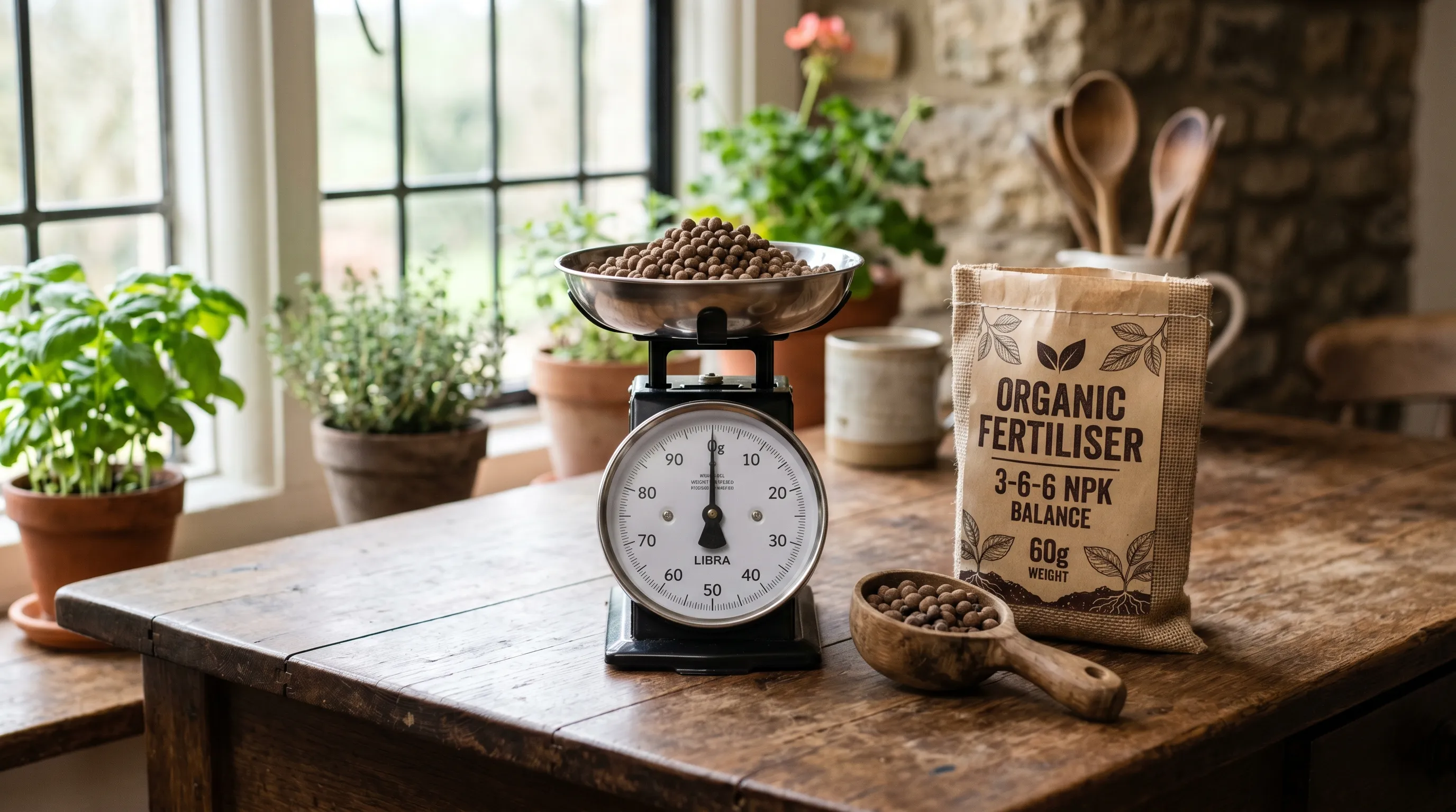 A kitchen scale weighing 60 grams of organic fertiliser pellets next to a measuring scoop and a 3-6-6 NPK bag
