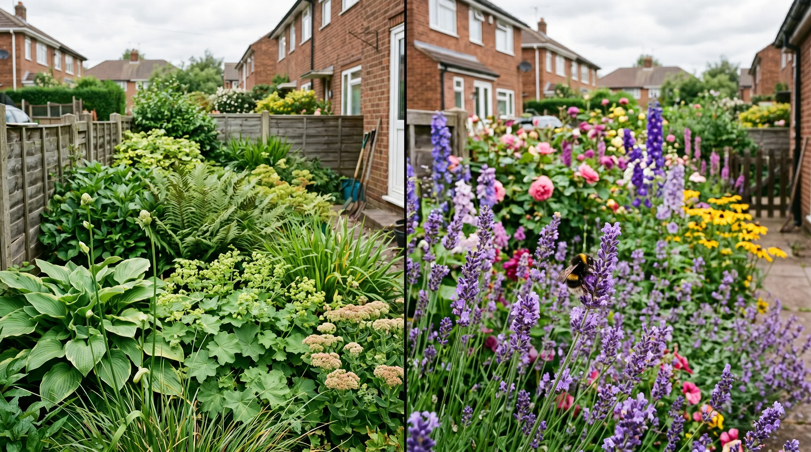 Split-view of a UK garden border showing a leafy high-nitrogen side with few flowers next to a flower-rich low-nitrogen side with a bumblebee visible
