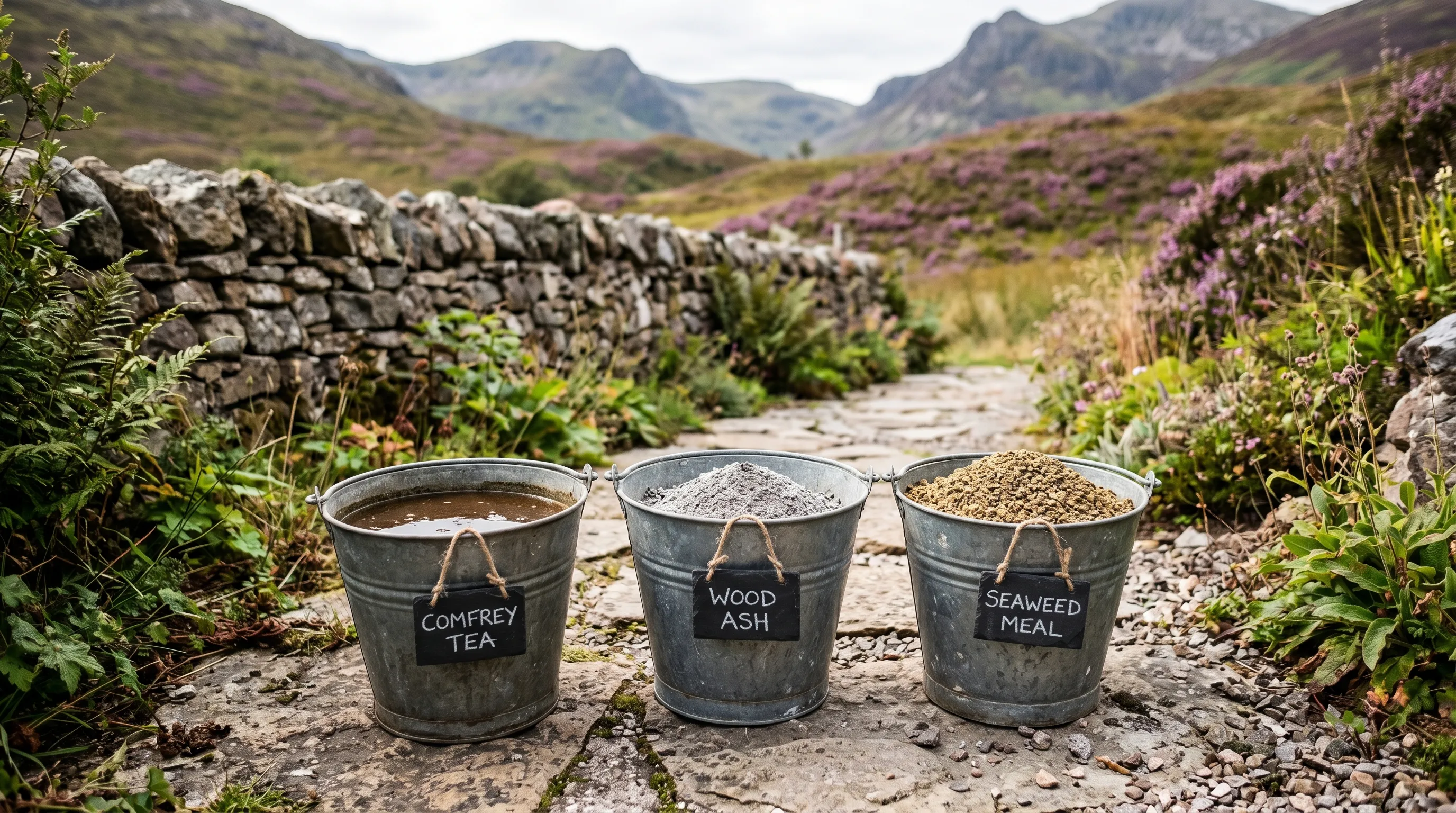 Three garden buckets on a Scottish stone path showing comfrey tea, wood ash and seaweed meal alternatives to synthetic fertiliser