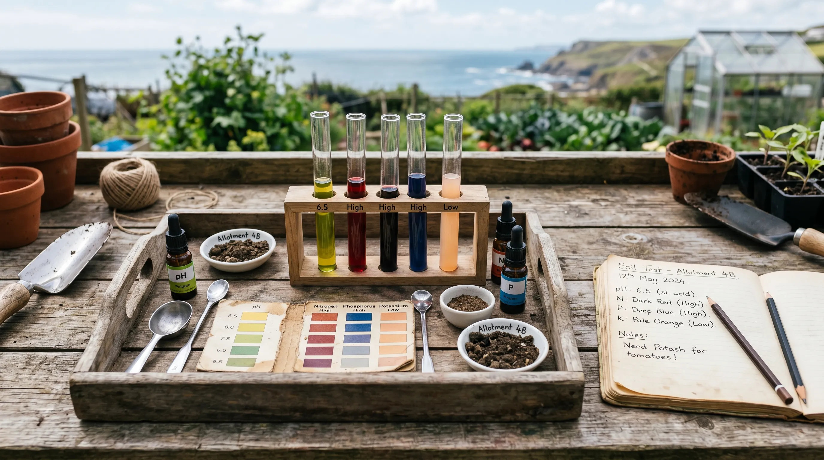 A soil pH and NPK testing kit on a wooden tray with test tubes showing colour reactions at a Cornish seaside allotment