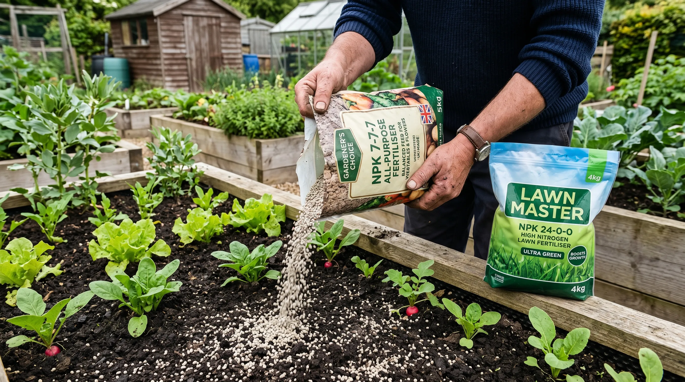 UK gardener's hand with a bag of NPK 7-7-7 fertiliser granules scattered across the dark soil of a vegetable raised bed