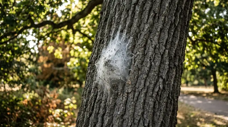 A white silken oak processionary moth nest clamped to the bark of an oak trunk in a London park