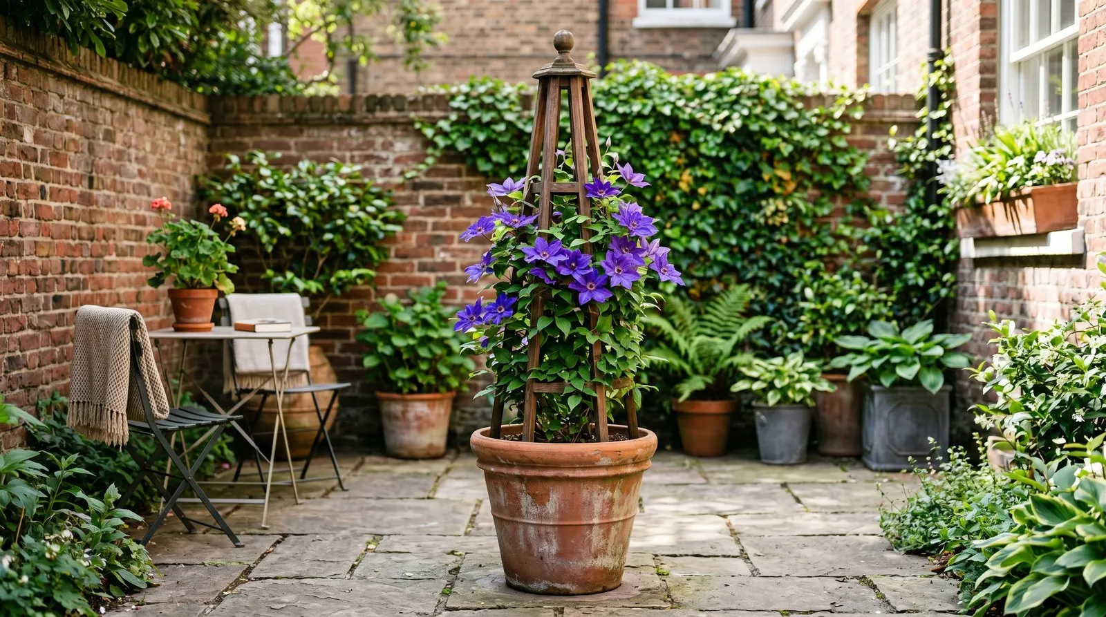 An obelisk in a large terracotta container on a city courtyard patio, planted with a compact clematis trained up the frame