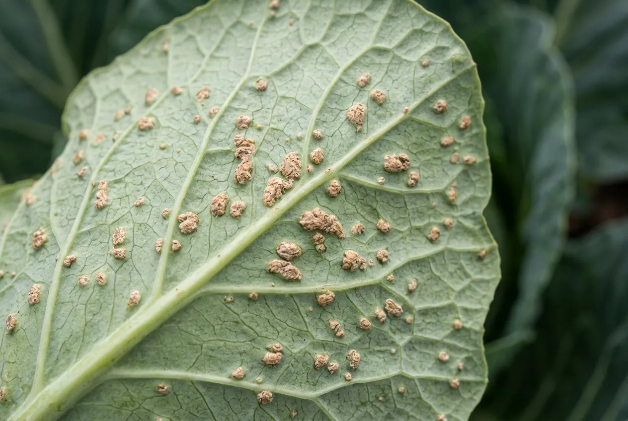 Underside of a cabbage leaf showing scattered corky oedema bumps, with no pests present