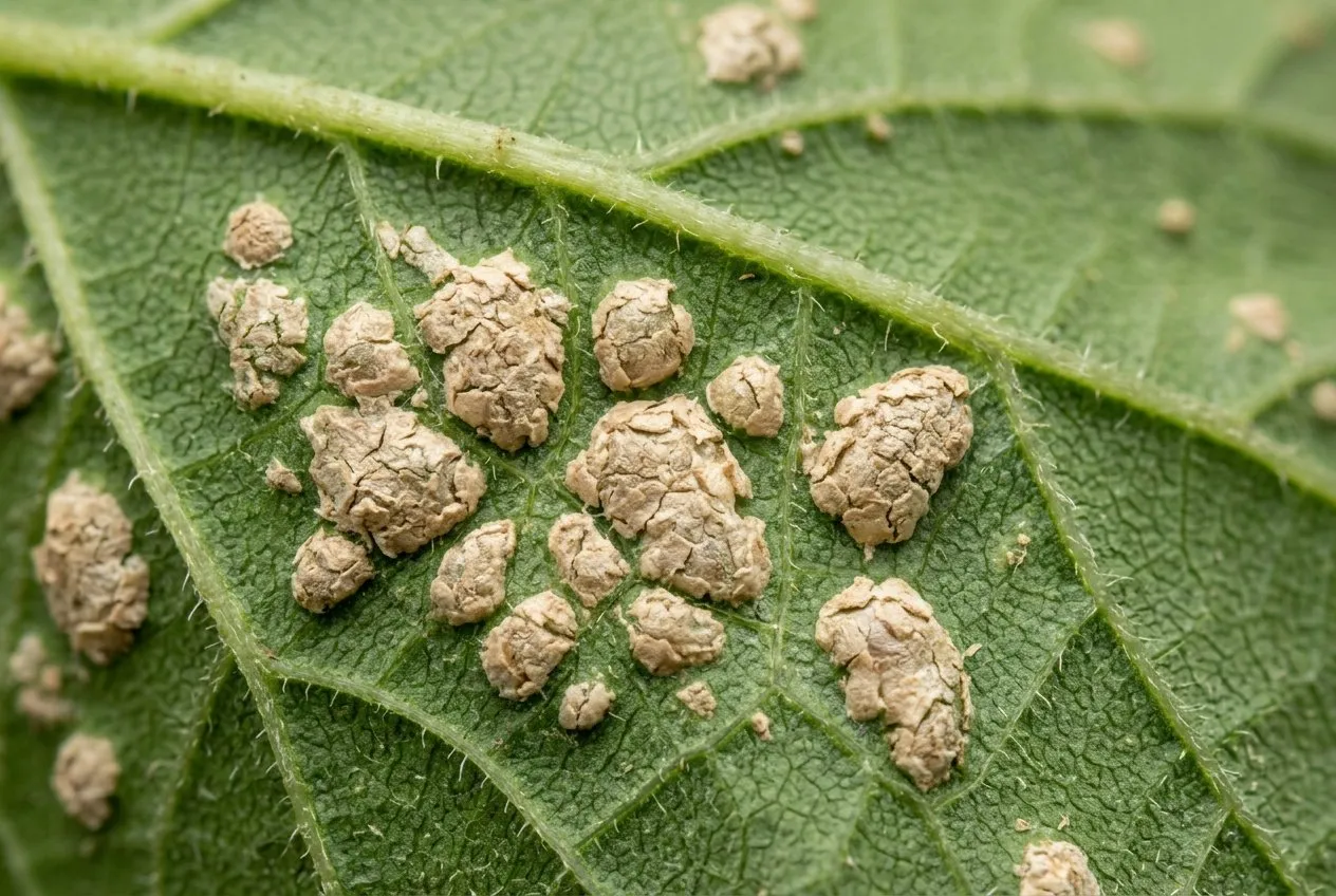 Macro close-up of corky raised oedema blisters on the underside of a green leaf, no pests visible