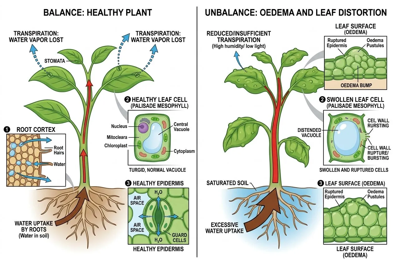 Diagram showing water taken up by roots versus water lost by leaves, balanced in good conditions and unbalanced in oedema