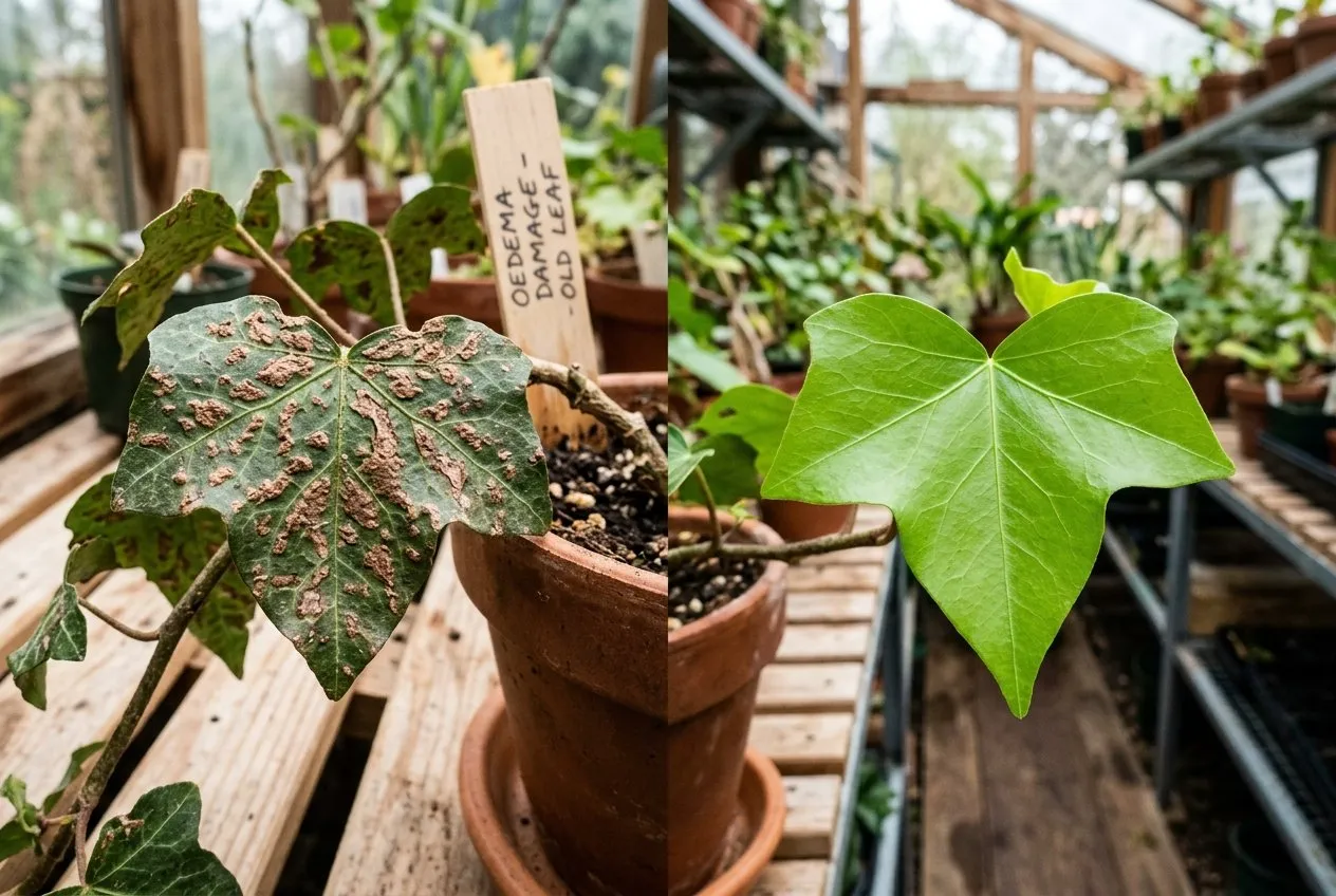 Side-by-side of an old oedema-scarred leaf and a smooth clean new leaf on the same recovered plant
