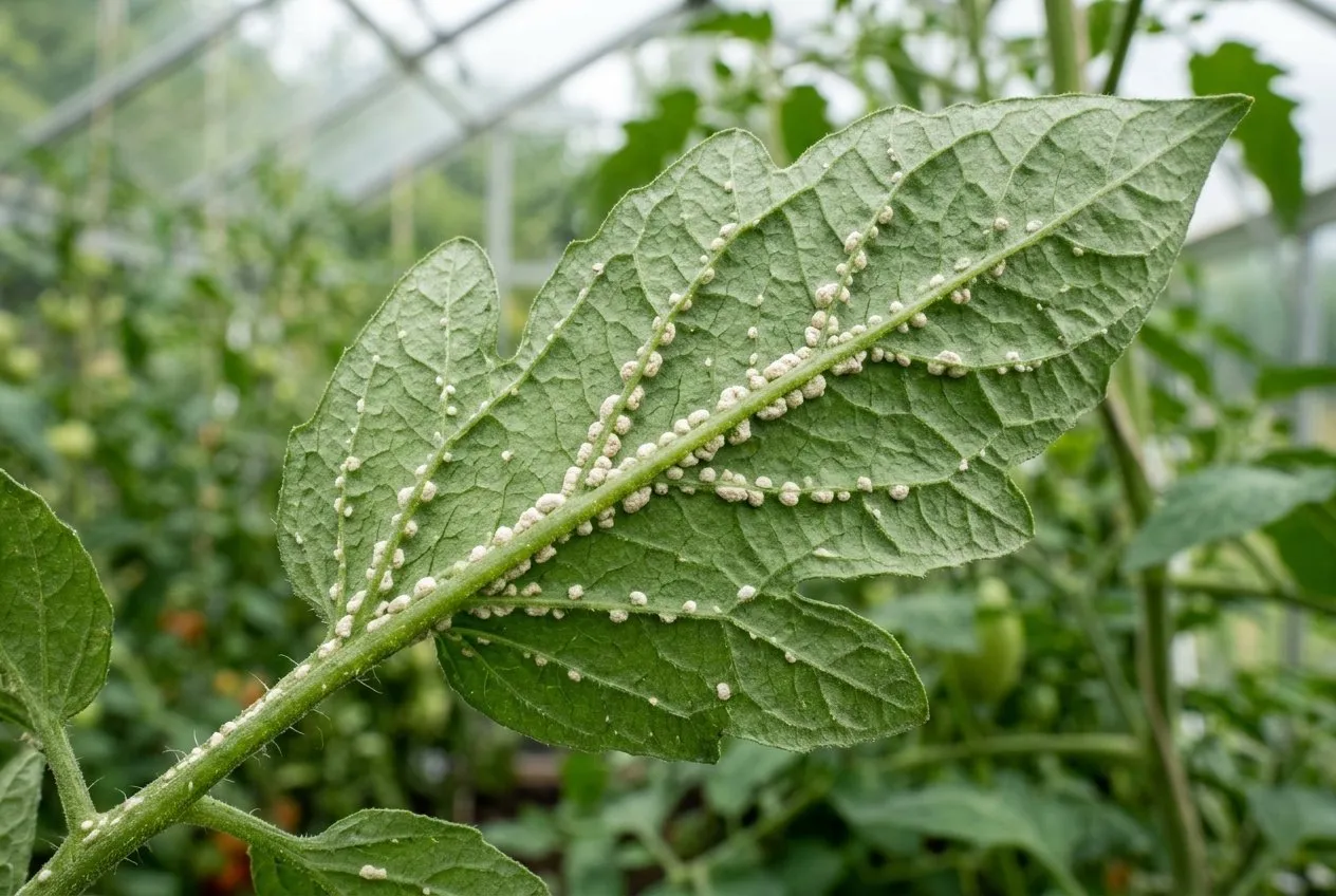 A greenhouse tomato leaf showing pale raised oedema bumps along the veins on the underside