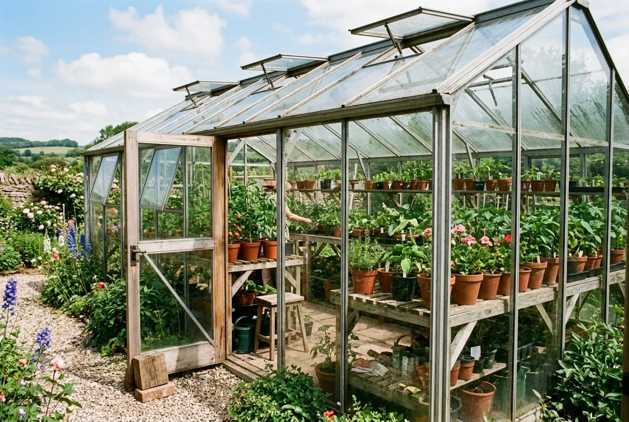 Open roof and side vents on a UK greenhouse with the door propped, airflow moving over potted plants