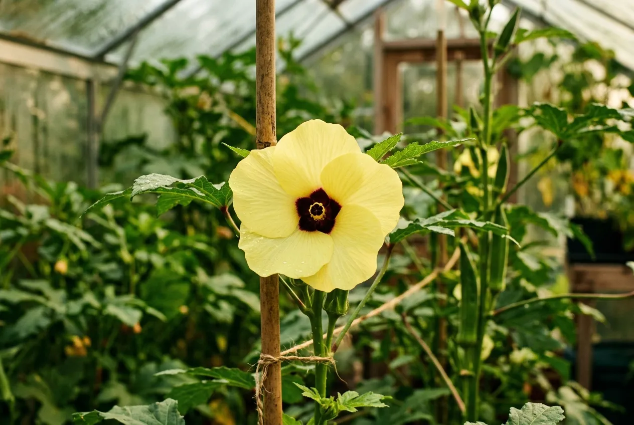 A yellow okra flower in bloom inside a UK greenhouse