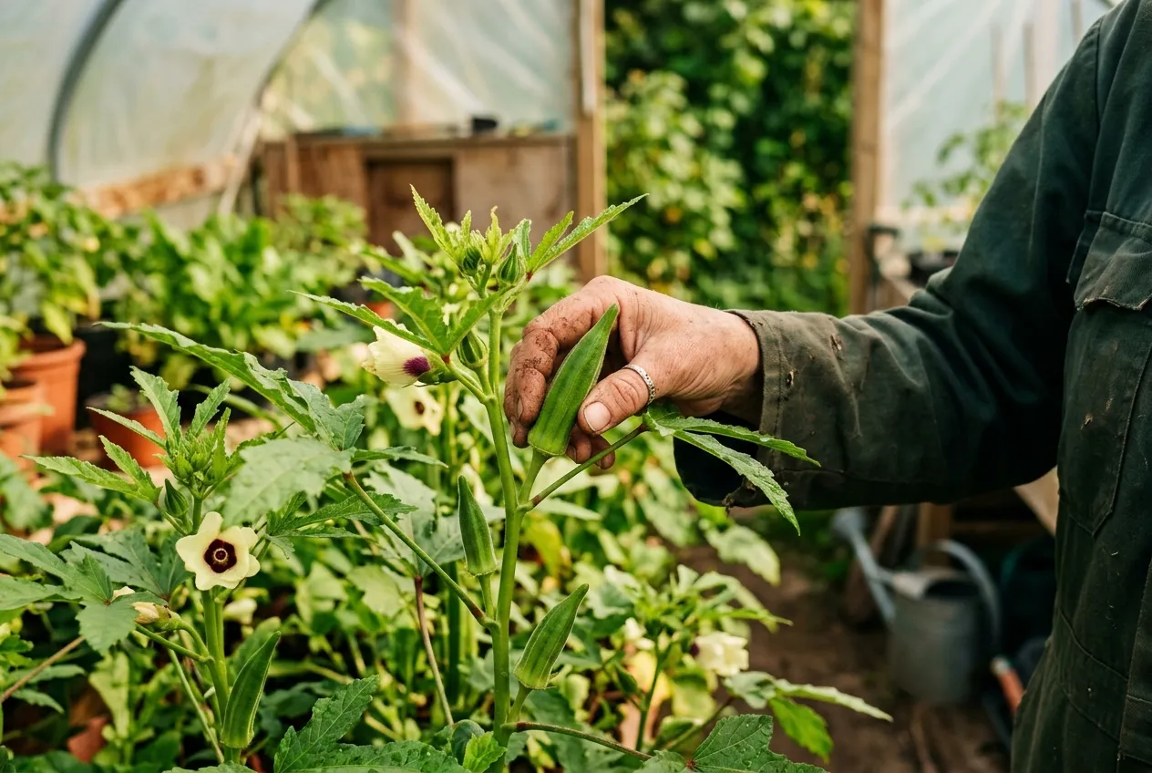 Gardener harvesting young okra pods from plants in a UK greenhouse