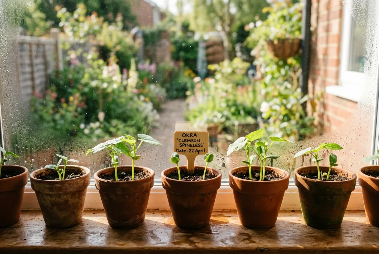 Okra seedlings growing in terracotta pots on a sunny windowsill in a UK home