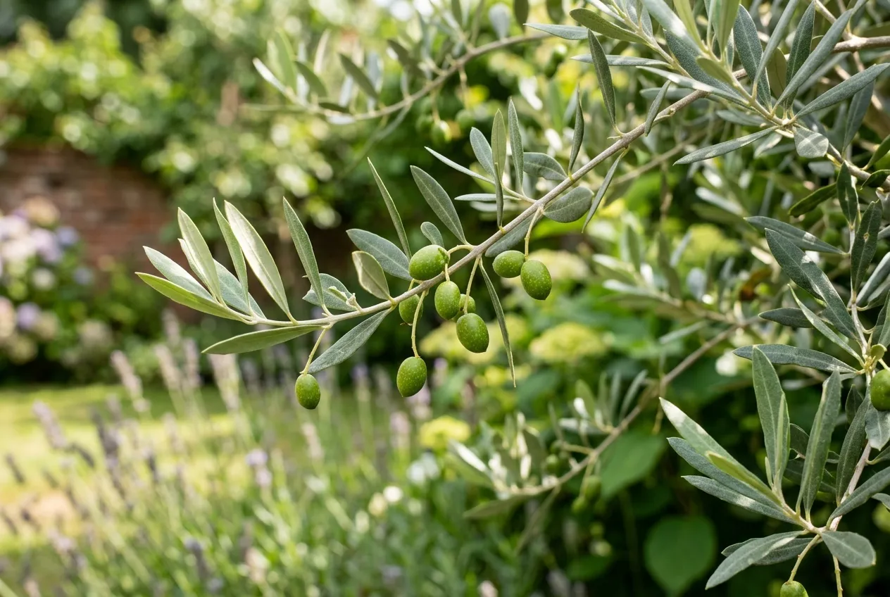 Green olives developing on an olive tree branch in a UK garden during summer