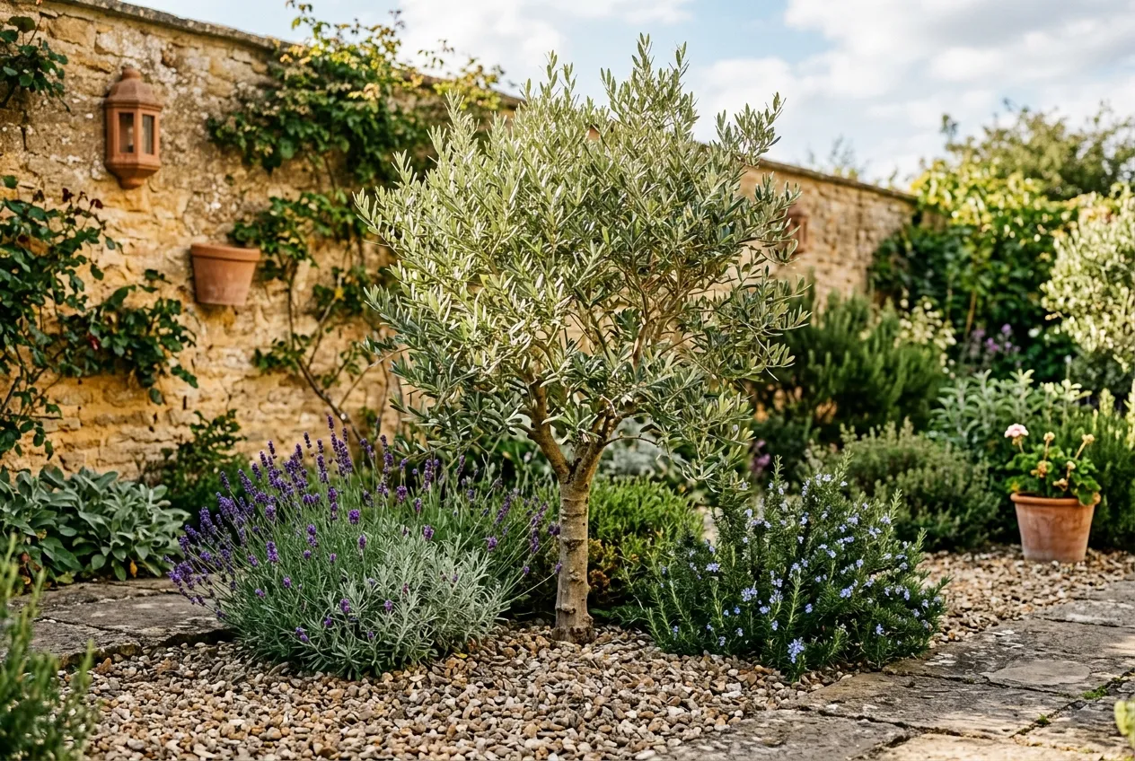 Olive tree growing in a sheltered UK garden against a warm stone wall with gravel mulch and Mediterranean planting