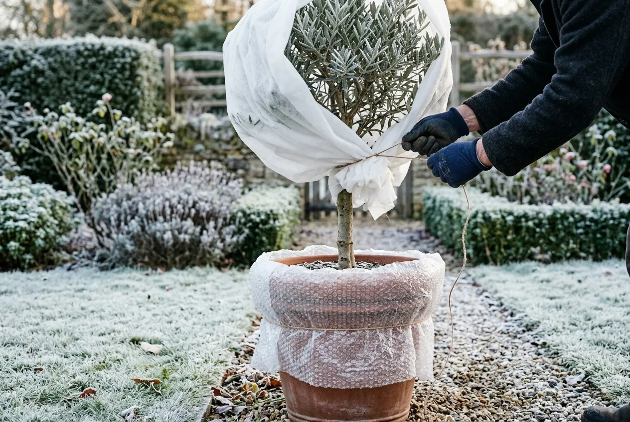 Olive tree wrapped in horticultural fleece for UK winter protection with bubble wrap around the pot