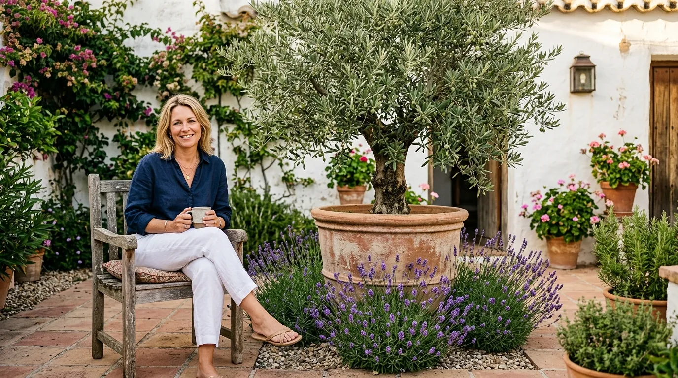 Grow olive trees UK in a large terracotta pot on a Mediterranean-style patio with lavender