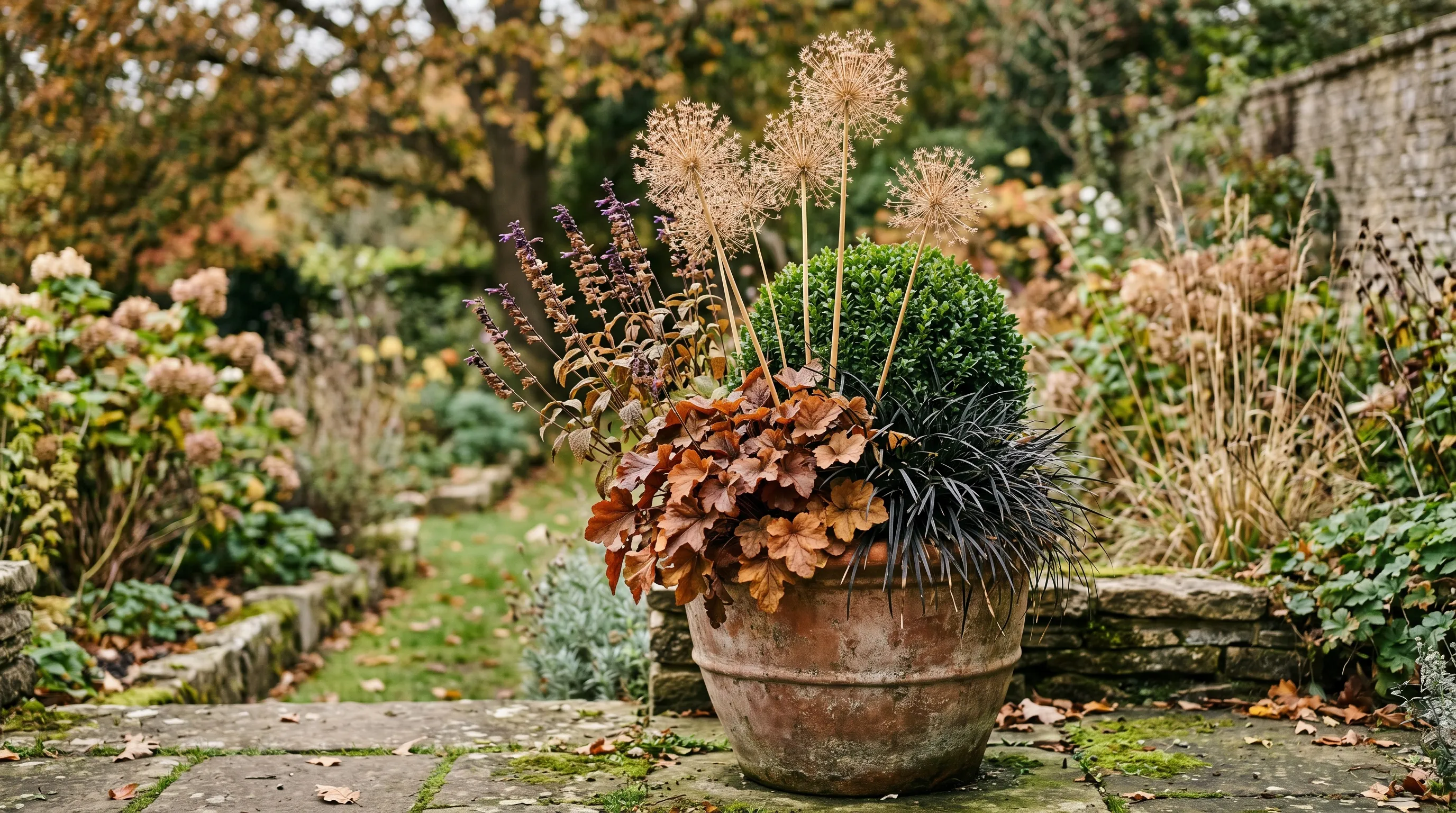 Pot in autumn with allium seedheads heuchera in russet colour and salvia still flowering