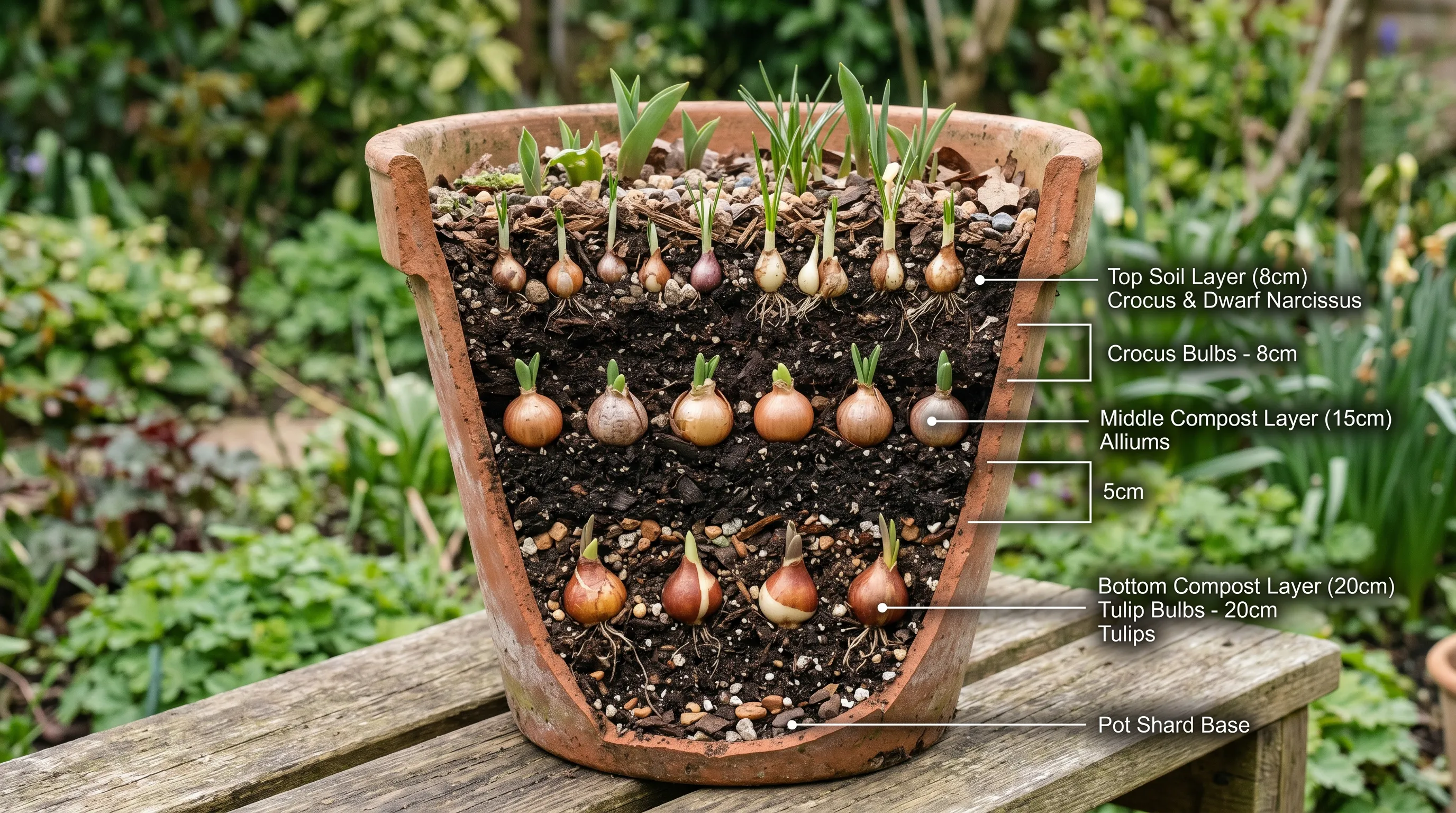 Layered bulb planting in a 50cm pot showing tulips alliums and crocus at different depths
