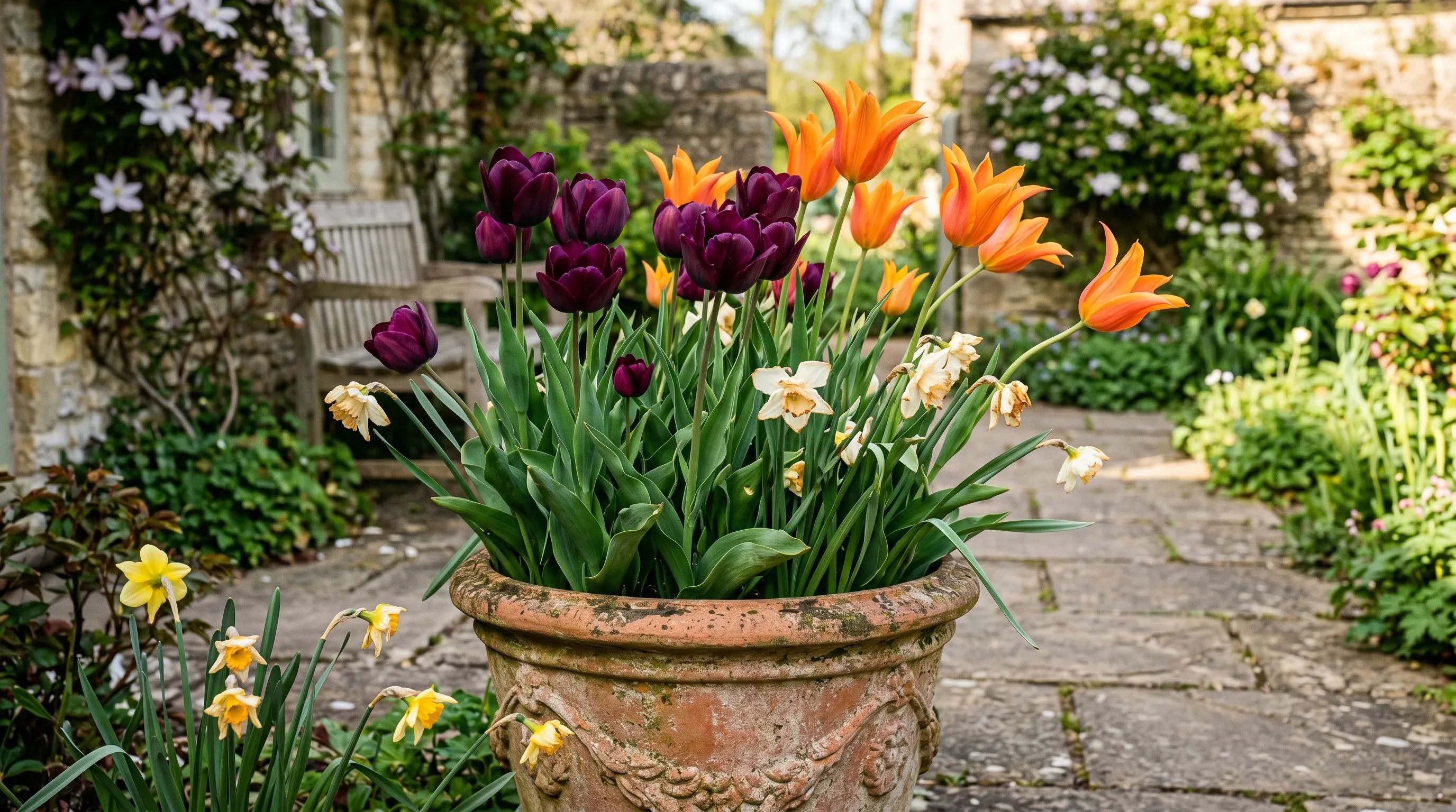 Tulips 'Queen of Night' and 'Ballerina' in full late April flower in a 50cm pot