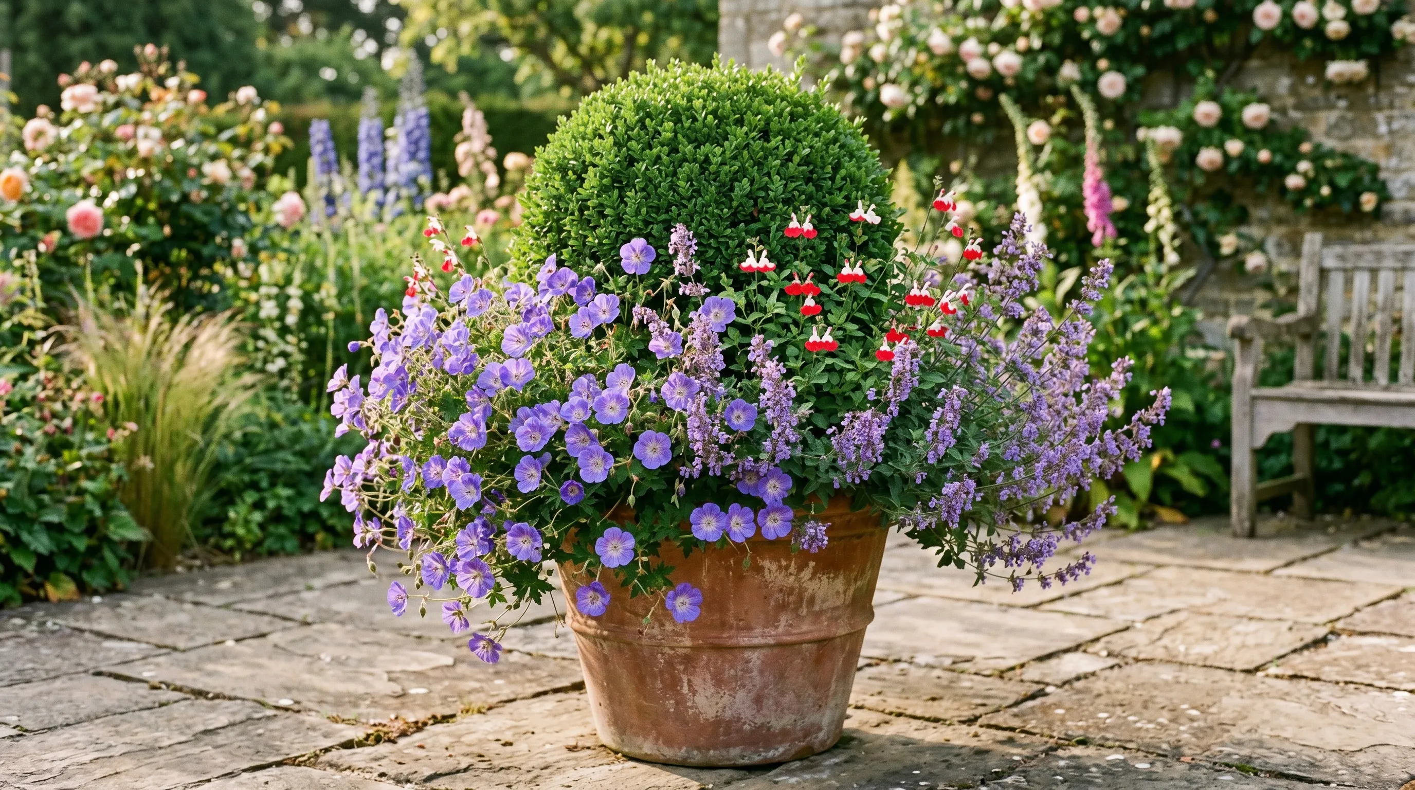 Pot in mid-summer with geranium salvia and nepeta in full flower around a box ball
