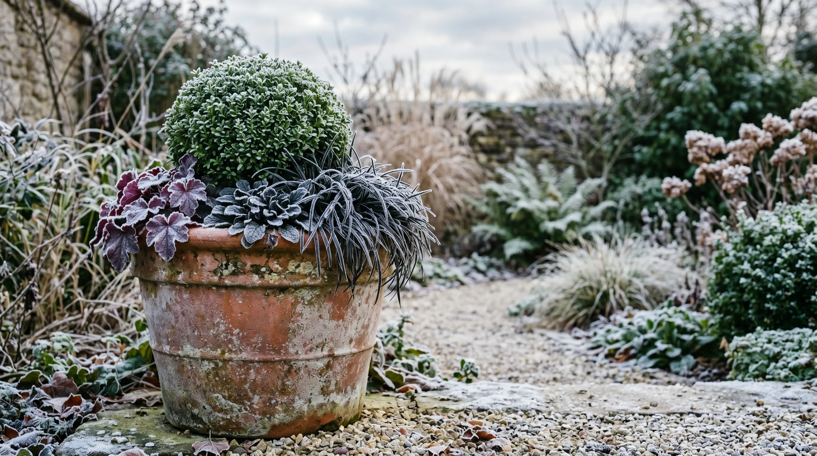 Pot in winter with frosted box ball, ophiopogon and heuchera showing structural interest