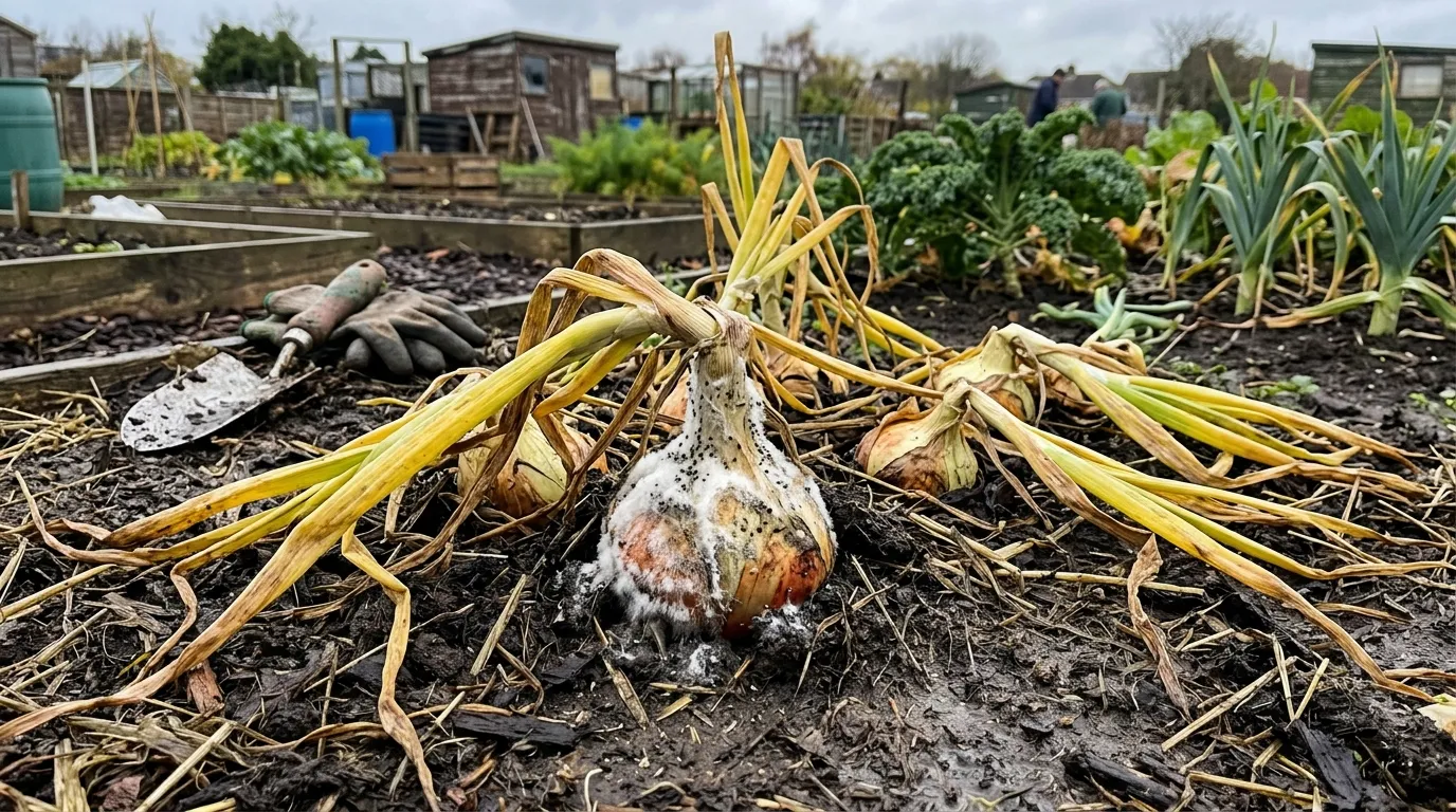 Diseased onion bulbs with white fungal growth and wilting foliage in a UK allotment