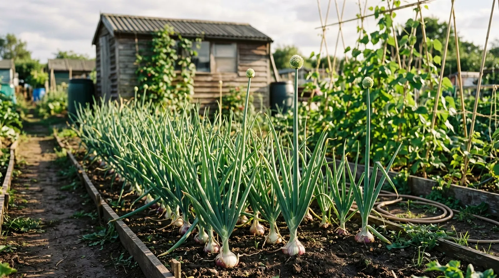 An allotment onion bed in early summer with one tall green flower stalk bolting among neat rows of otherwise healthy onions
