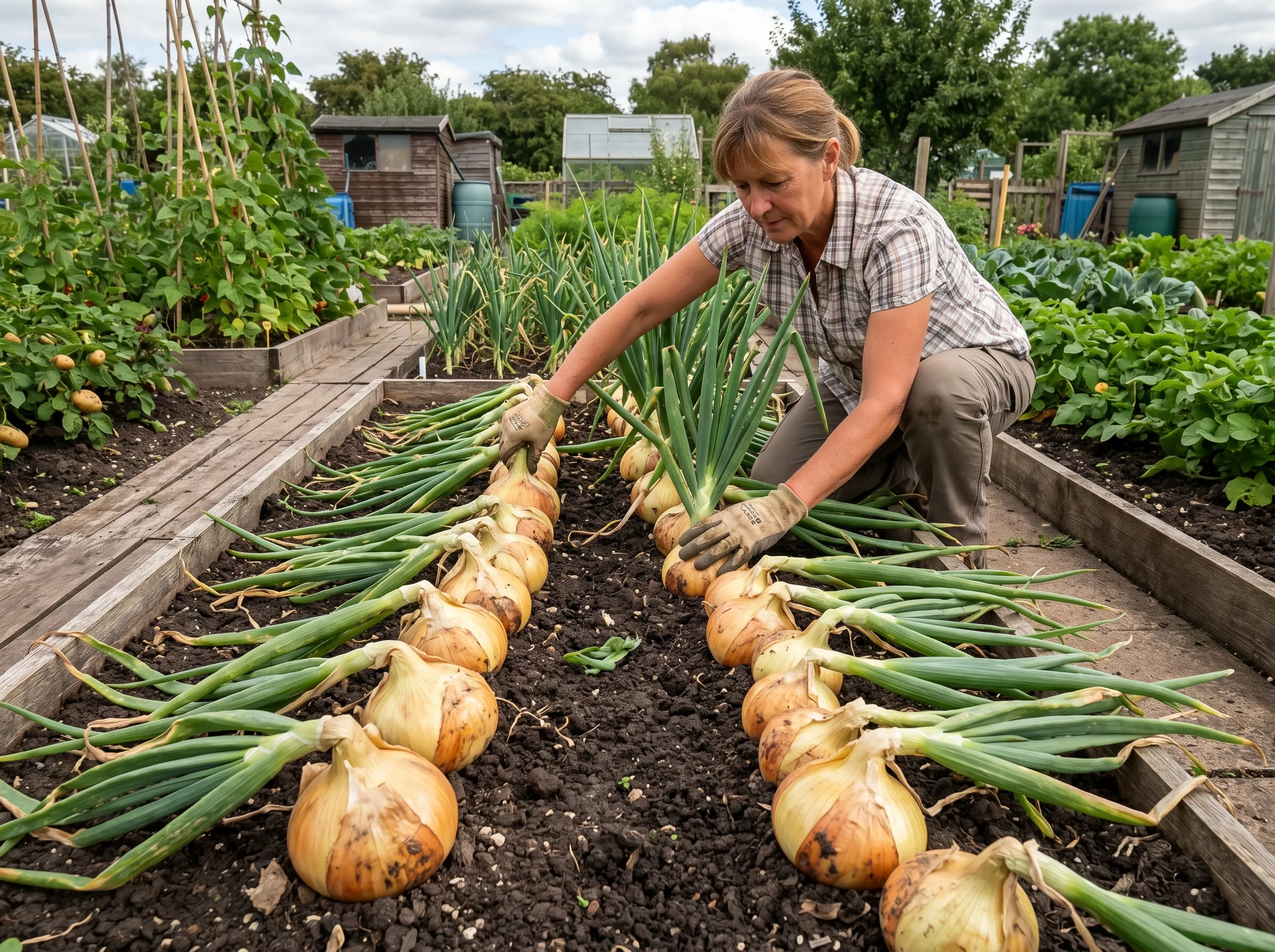 UK allotment bed in August showing rows of exhibition onions in full bulb swell, the bulbs nearly full size visible at soil surface, the leaves fallen over or being gently bent down by the gardener's hand to push final sap into the bulbs