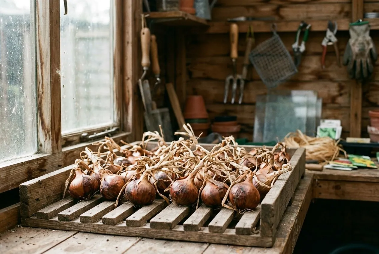 Cured onions with dried necks laid out on a wooden slatted tray in a UK shed, ready for winter storage