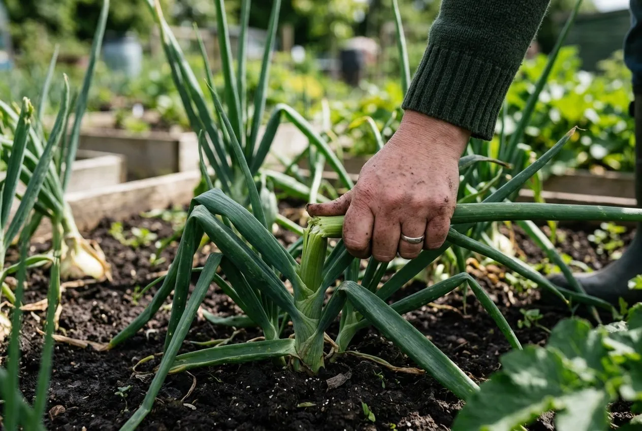 A bolted onion plant on a UK allotment with a thick round flower stalk being snapped off low by a gardener's hand