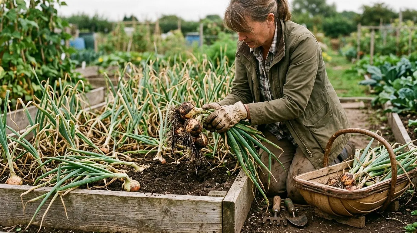 A UK gardener lifting a clutch of freshly pulled onions with soil on the roots over a raised allotment bed in August