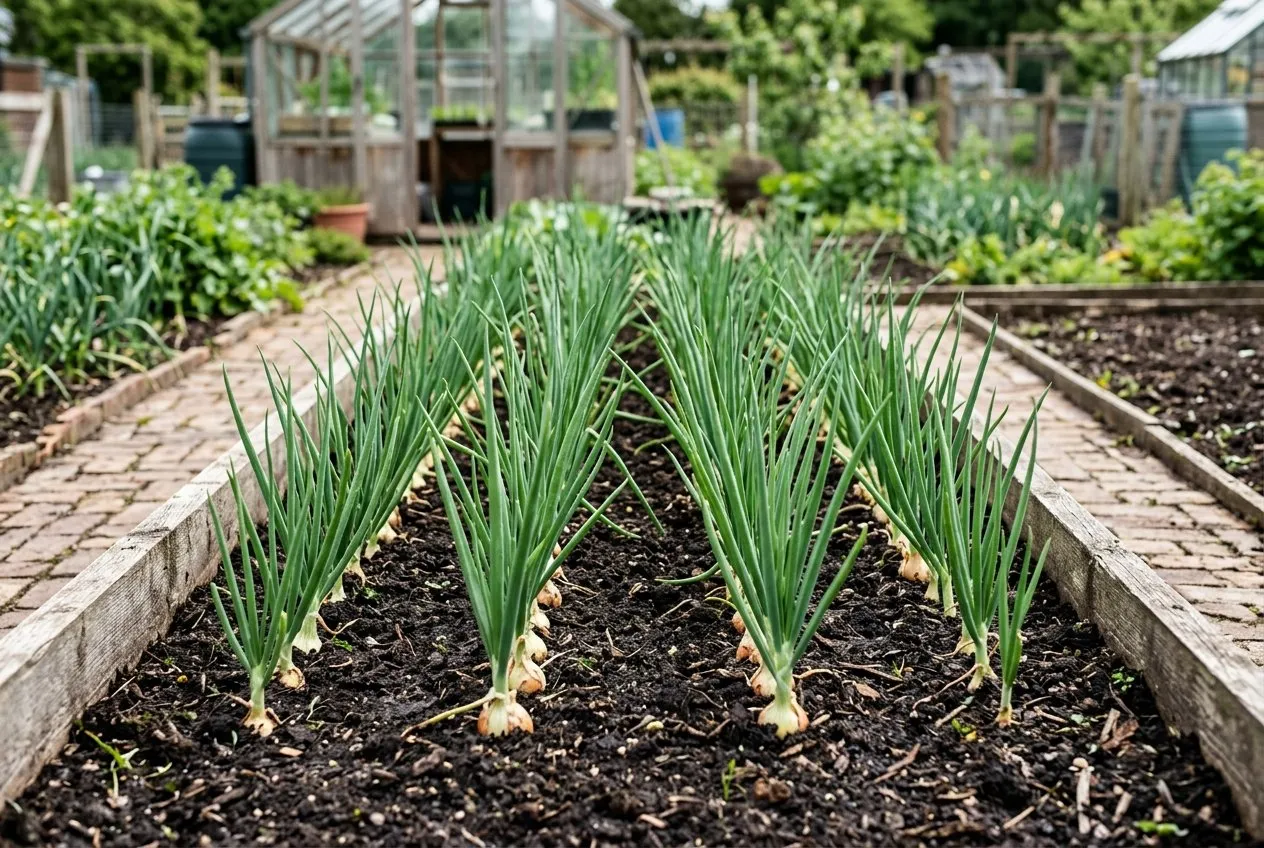 Rows of healthy young onion plants growing in a raised bed on a UK allotment in late spring, upright green tops with no flower stalks