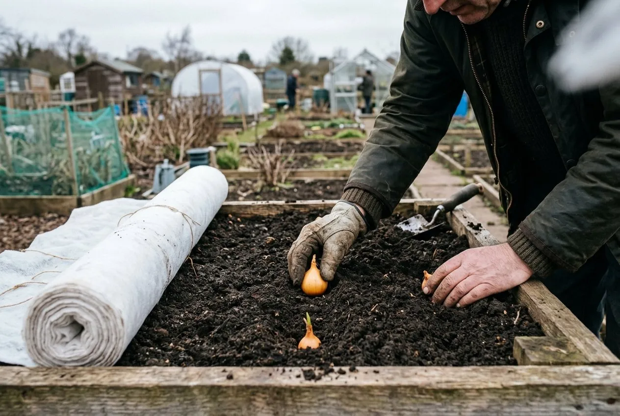 A UK gardener firming an onion set into prepared soil in a raised bed in March, with a fleece roll ready at the edge of the plot