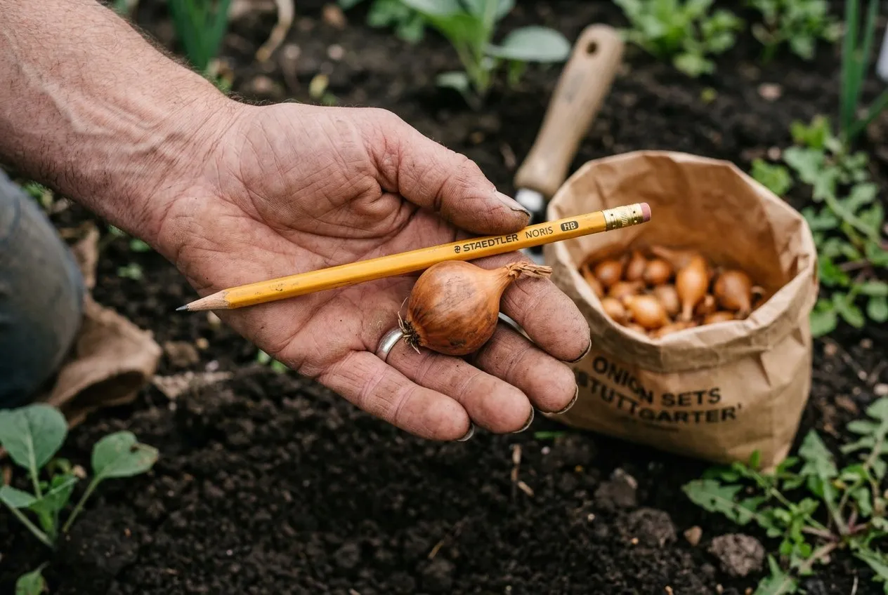 A close-up of a UK gardener's hand holding a single firm onion set against a pencil for size comparison on an allotment plot