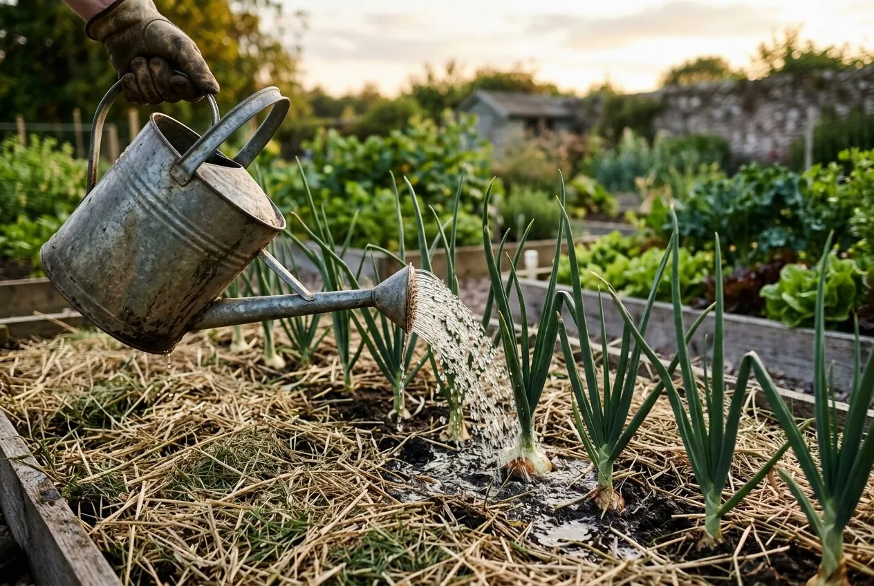 A watering can soaking the base of an onion row through a layer of grass-clipping mulch in a UK kitchen garden on a dry June evening