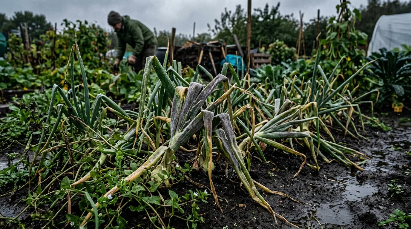 Onion leaves with grey-purple downy mildew patches in a UK allotment