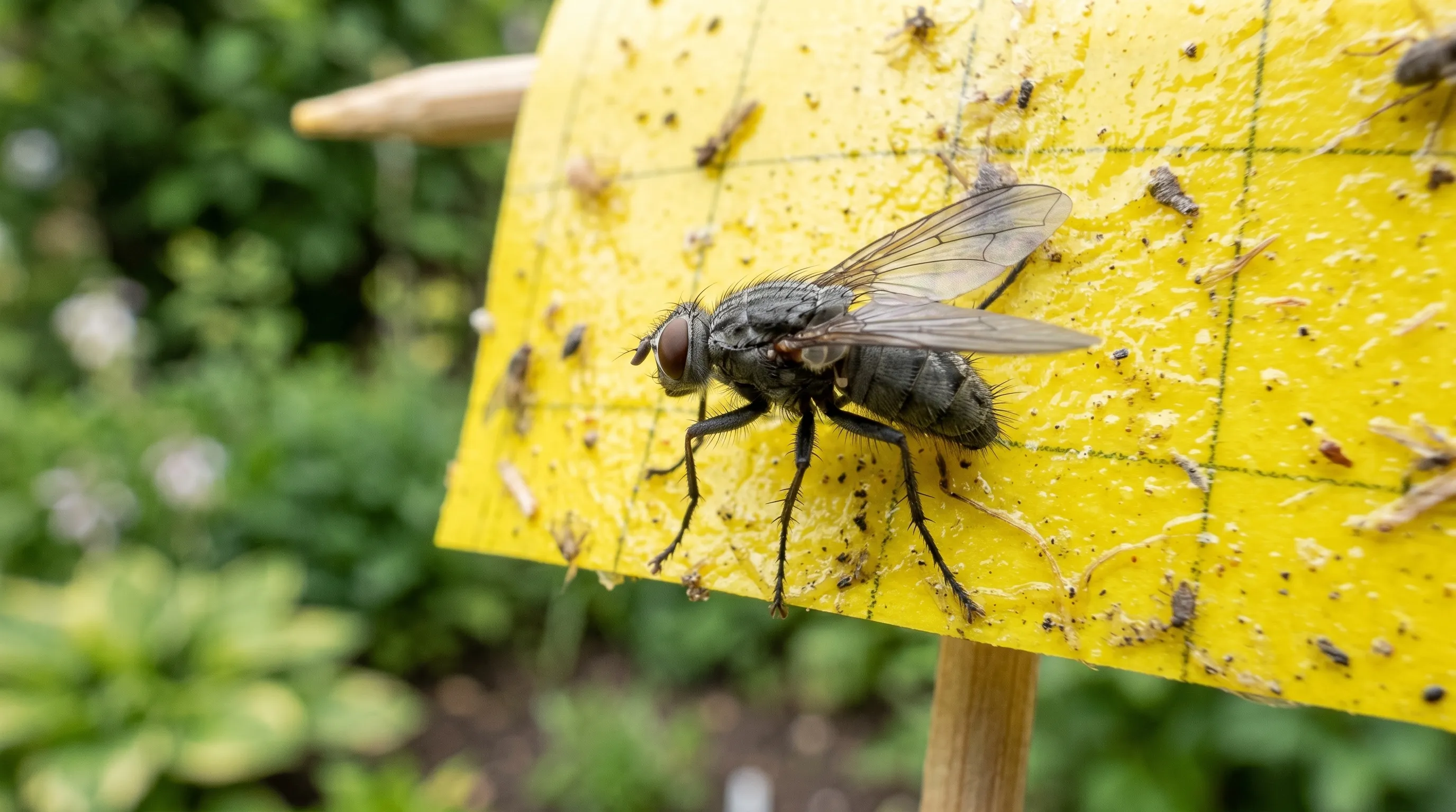 Macro photograph adult onion root fly Delia antiqua 6mm grey fly on yellow sticky monitoring trap UK garden
